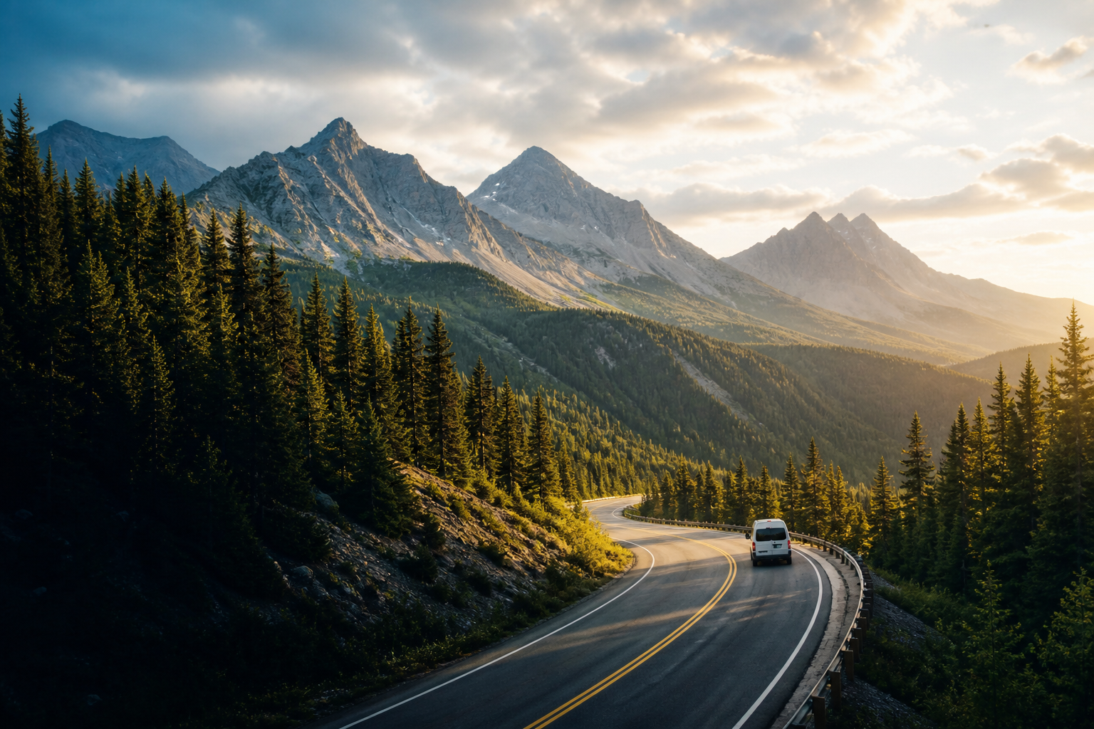 Van on a winding mountain road