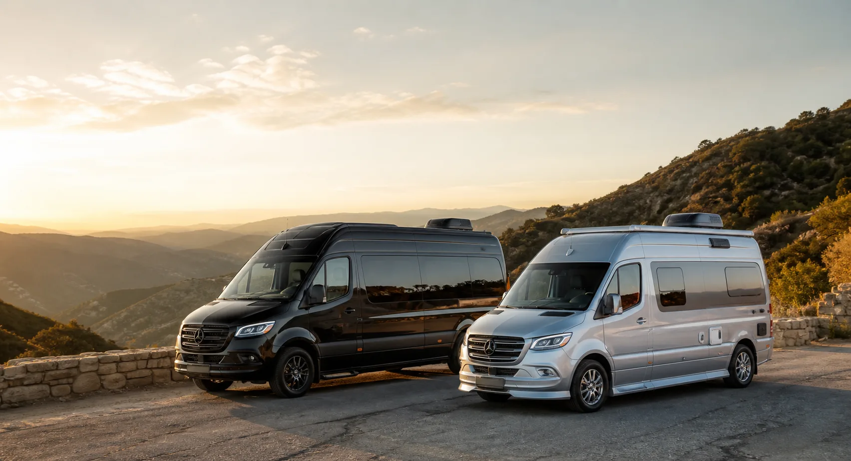 Passenger van and compact campervan at a scenic highway overlook